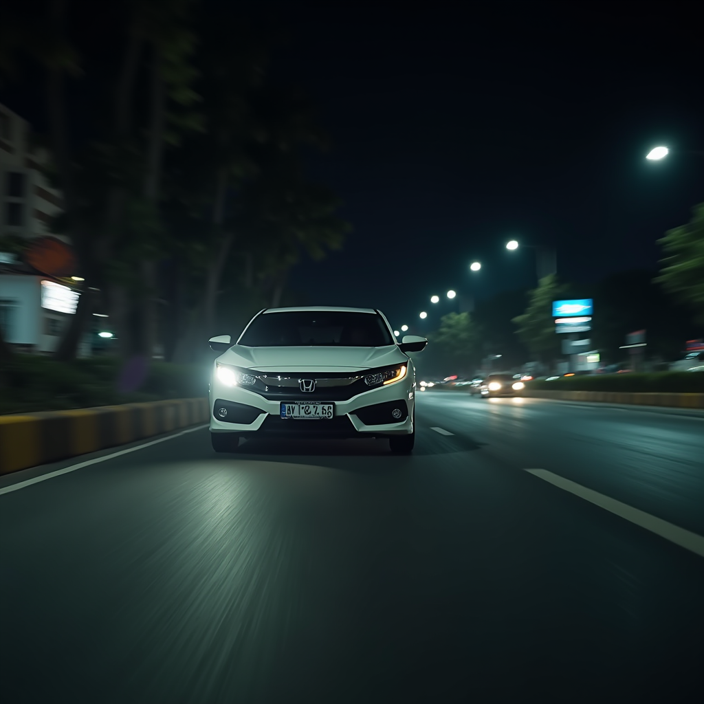 A sleek white car driving on a city street at night with glowing headlights.