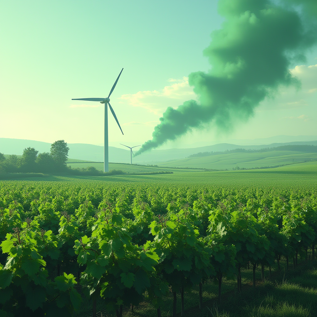 A lush green field with wind turbines, one emitting dark green smoke into a clear sky.