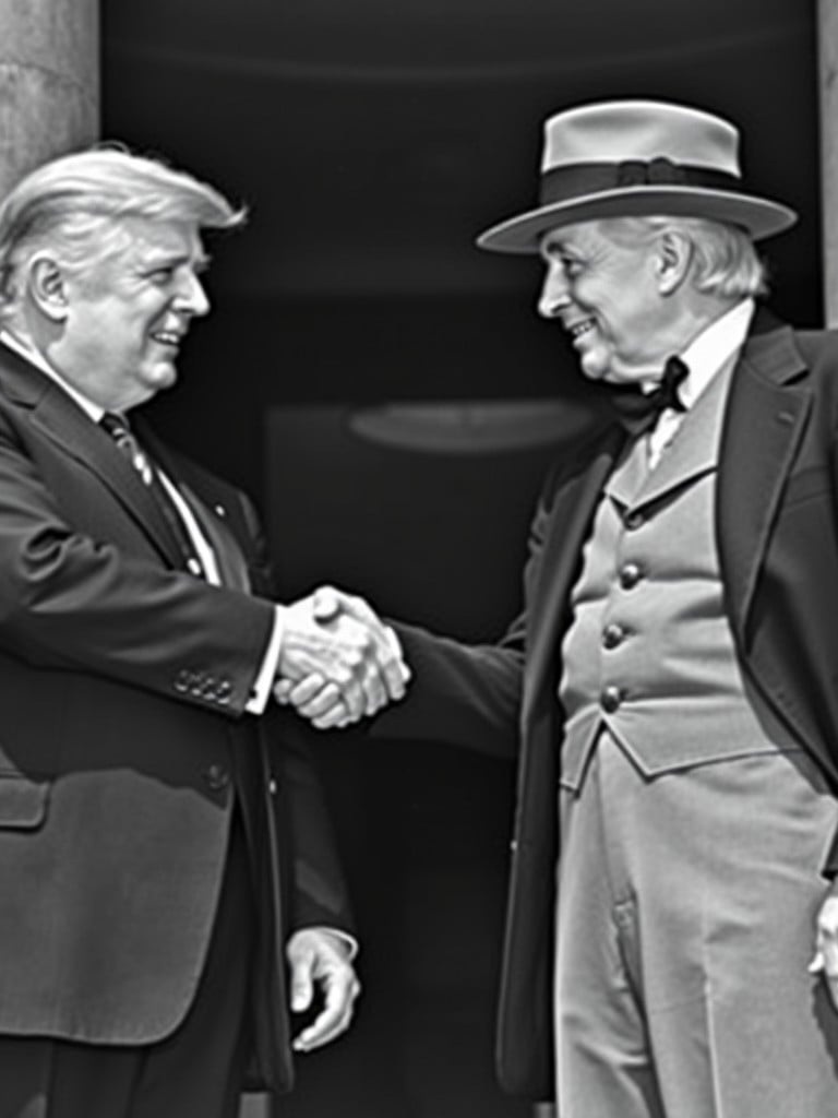 Two men dressed in suits, one in a vintage style, shake hands in a black and white photograph.