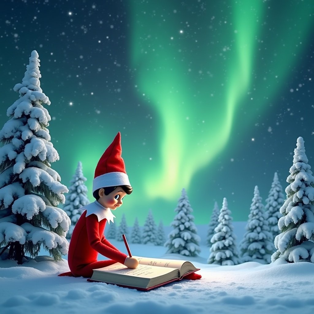 An elf on the shelf named Kaiden sits in a snowy landscape, writing a message in a large book under the dazzling display of northern lights. The sky features brilliant greens and blues that illuminate the serene winter scene. Dressed in a classic red outfit with a pointed hat, the elf adds a festive touch to the scene. Around him, tall snow-covered trees create a magical atmosphere. The entire setting captures the essence of the Christmas spirit, inviting viewers to share in the holiday joy as the elf writes names like Millie, Oscar, Lucas, and Paige.