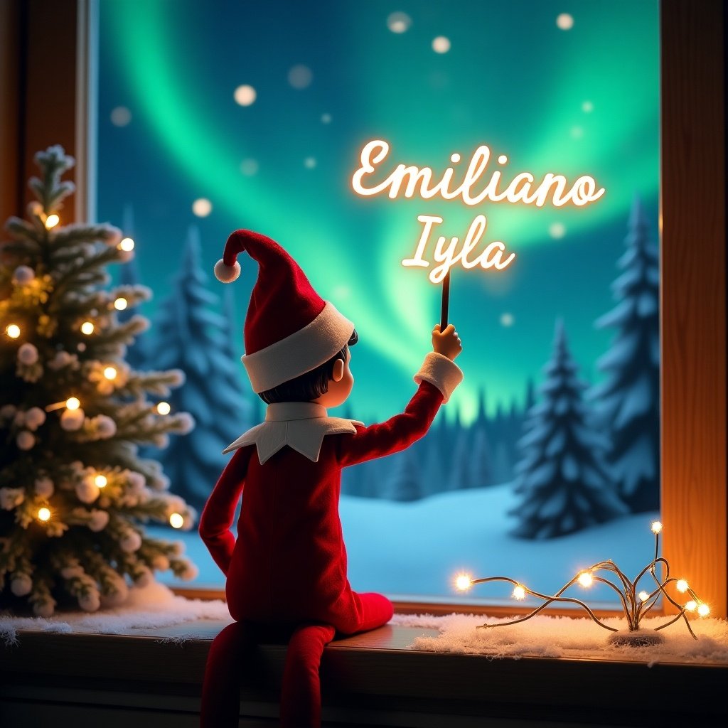 An enchanting Christmas scene features an elf on the shelf, who is facing the magical sky with his back to the viewer. The elf is dressed in festive red and white, holding a magic wand that writes 'Emiliano' and 'Iyla' in a glowing script above him. The backdrop is adorned with vibrant northern lights that create a stunning visual effect. A beautifully decorated Christmas tree is placed nearby, adding to the festive spirit. The whole scene evokes a sense of wonder and excitement, perfectly encapsulating the joy of the holiday season.