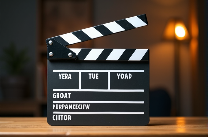 A film clapperboard with various labels is placed on a wooden table, with a blurred lamp in the background.