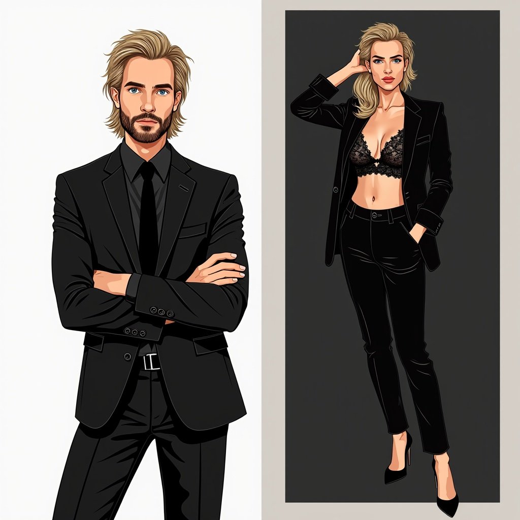 The image features a stylish man with a well-groomed beard and blond hair in a suit and tie, demonstrating two distinct poses. One pose shows him with arms crossed against a white background, projecting confidence. The second image displays the man with hands clasped, set against a dark background. Beside him is a female model, exuding confidence in a fashionable black ensemble. She wears an open shirt over a lace bralette, standing with her hand on her head and the other in her pocket. The dark studio background accentuates her elegant posture and poised expression.