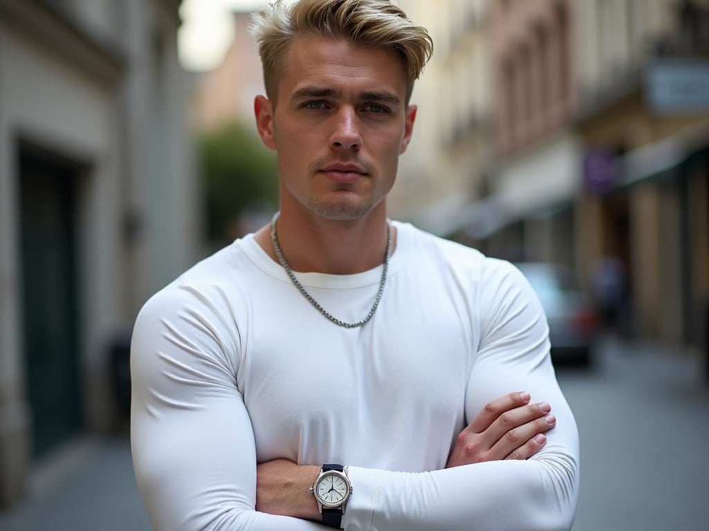 A young man with short blonde hair is wearing a tight-fitting white long-sleeve shirt. He has a silver necklace around his neck and a watch on his wrist. He appears to be standing outdoors, possibly in an urban environment with a blurred background. The lighting creates a soft shadow on his face, highlighting his features. His posture is relaxed yet confident, looking slightly off to one side.