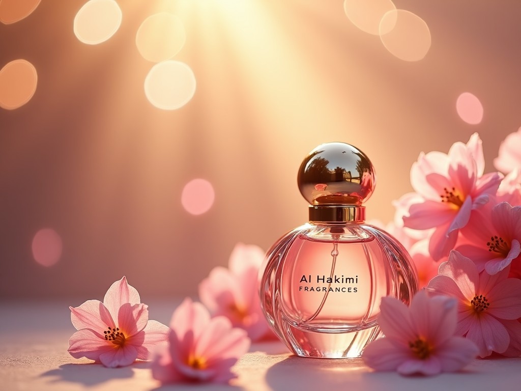 The image showcases a beautiful perfume bottle named 'Al Hakimi' surrounded by delicate pink flowers. Soft, warm lighting enhances the ambiance, creating a dreamy and luxurious vibe. The focal point is the elegant bottle, which adds a touch of sophistication. The flower arrangement complements the fragrance theme, evoking feelings of freshness and beauty. This setup is perfect for advertising a premium fragrance line.