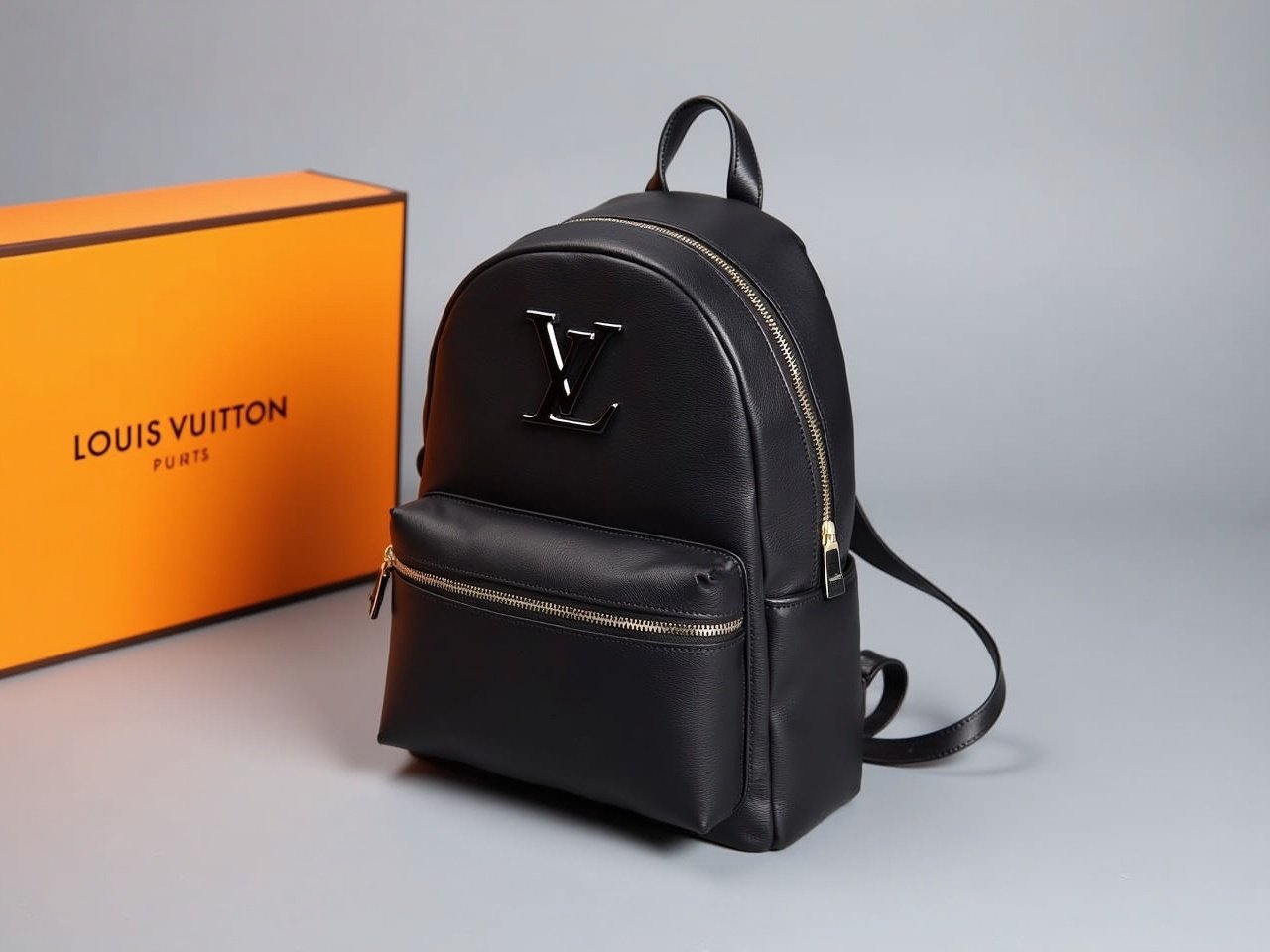 The image shows a sleek black backpack resting on a light gray surface. The backpack has a prominent black LV logo on the front, suggesting it is from Louis Vuitton. Next to the backpack, there is an orange box that likely contains the bag or is part of its packaging. The backpack features a zippered compartment and has a textured finish, adding interest to its design. A stylish strap is also visible, indicating that this is a fashionable accessory. The overall aesthetic is modern and high-end, appealing to luxury fashion enthusiasts.