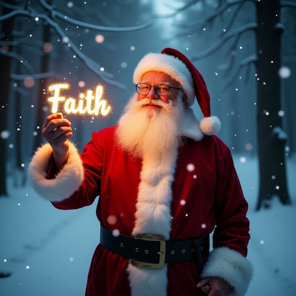 A magical Christmas scene featuring Santa Claus dressed in a traditional red suit with fluffy white trim. He stands in a snowy forest, beautifully lit by a soft glow. In his hand, he holds a glowing stick that spells out 'Faith' in sparkling letters. The atmosphere is festive and joyful, capturing the essence of the holiday season. Snowflakes gently fall around him, enhancing the winter wonderland feel, embodying the spirit of Christmas, love, and belief.