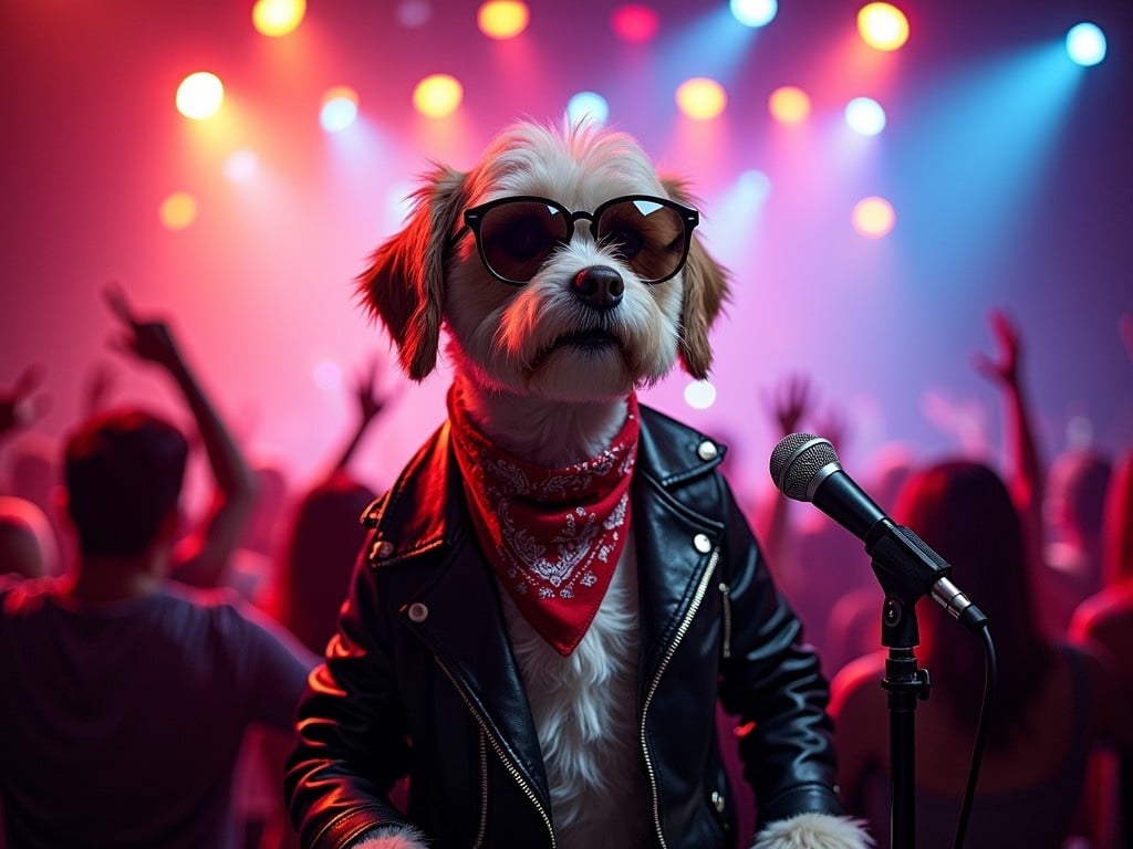 In a lively and colorful concert setting, a fashionable dog takes center stage. Sporting a leather jacket, sunglasses, and a red bandana, the dog stands confidently in front of a microphone. The vibrant background of out-of-focus audience members and colorful stage lights creates a dynamic and energetic atmosphere, capturing the essence of a rock concert.