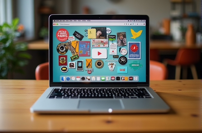 A laptop on a wooden table displays a browser window filled with colorful stickers and icons.