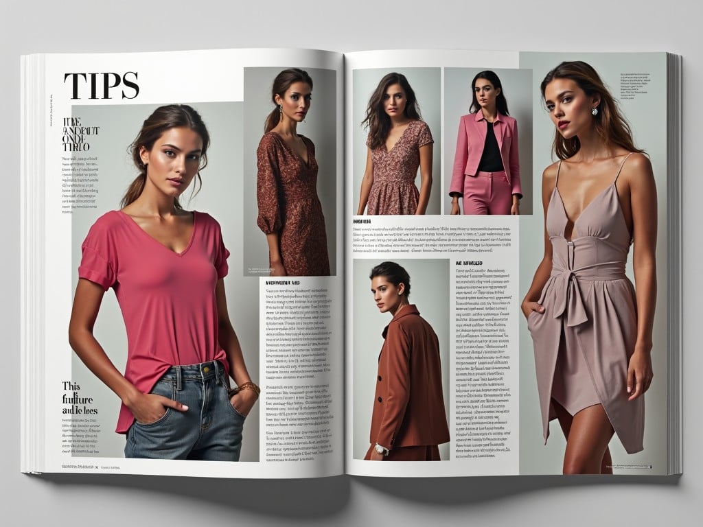 The image showcases a fashion magazine spread titled 'TIPS'. It presents various stylish outfits modeled by several women. Each model represents a unique clothing style, from vibrant dresses to sleek suits. The layout effectively combines text and images for a visually appealing presentation. Soft lighting enhances the details of the clothing, inviting viewers to explore fashion advice. The overall aesthetic conveys elegance and modernity, catering to fashion enthusiasts.