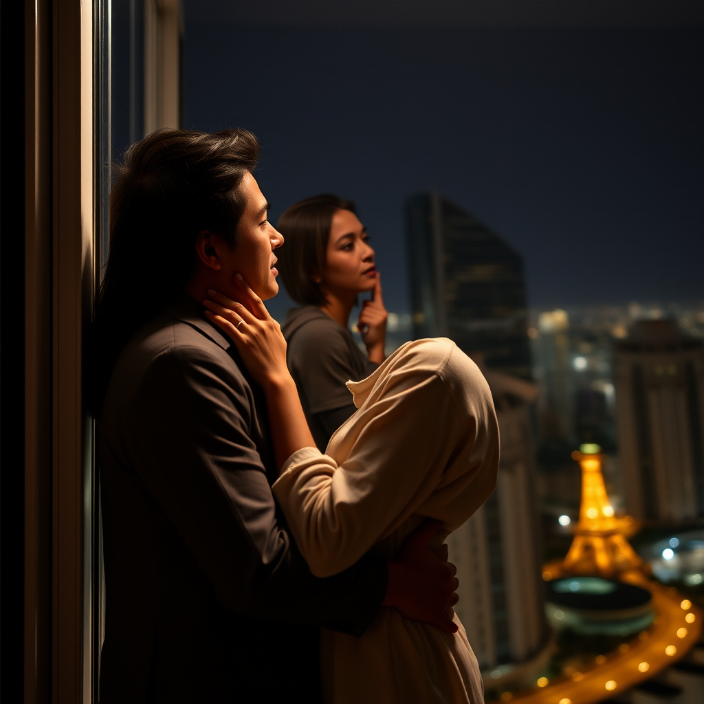 A couple stands by a window, embracing, overlooking a brightly lit cityscape at night.