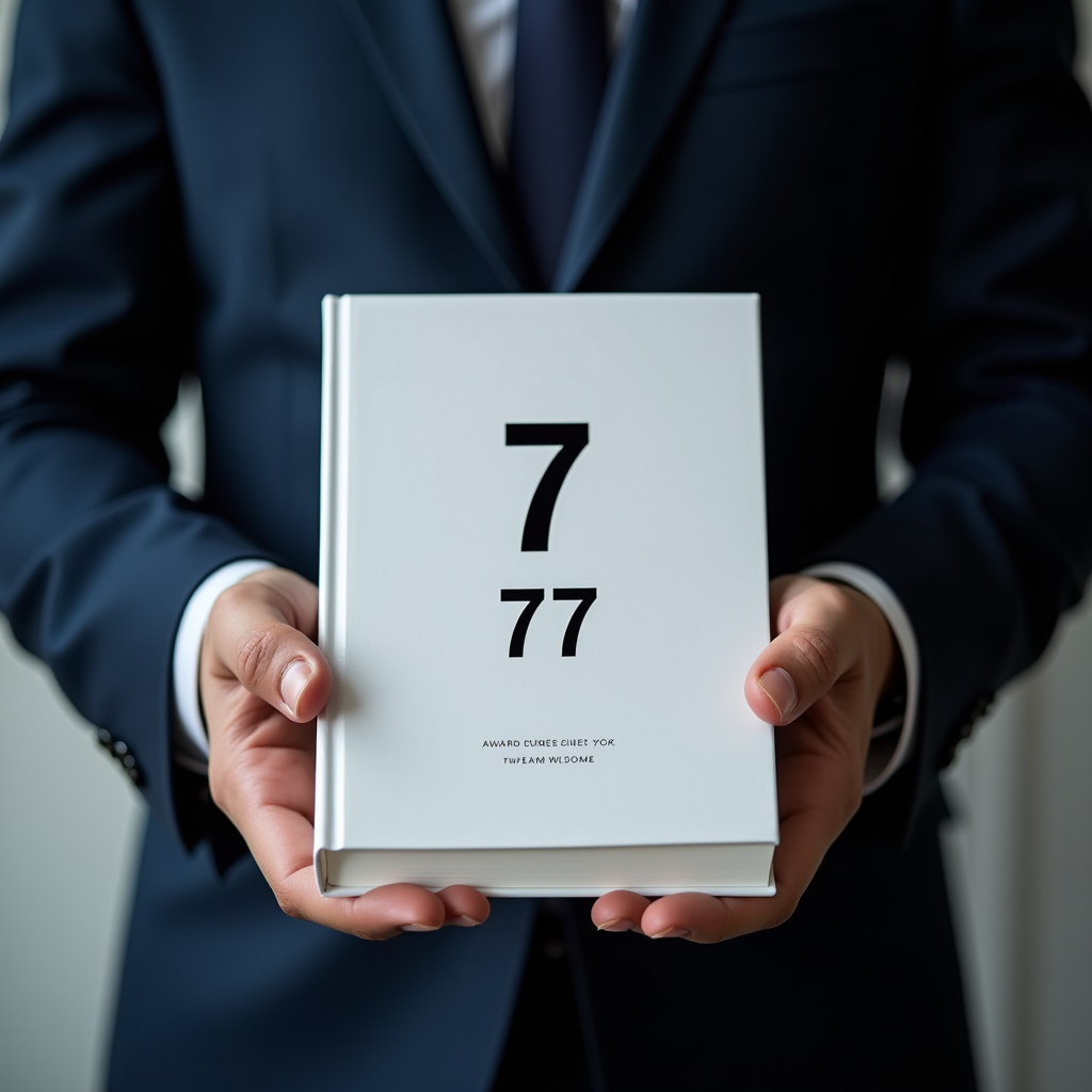 A person in a suit is holding a white book with the numbers 7 and 77 on the cover.