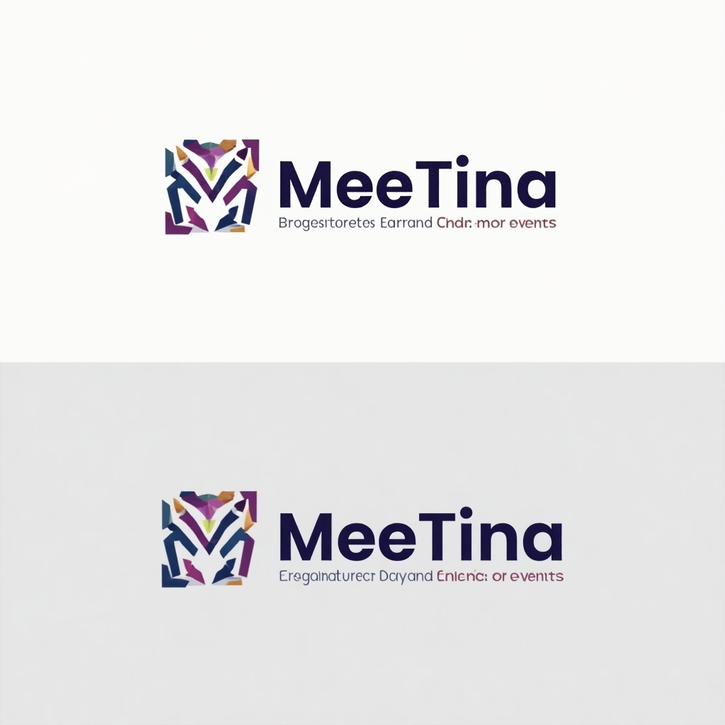 The logo design for MeeTina integrates modern aesthetics with geometric shapes and a glossy finish. The word 'MeeTina' is prominently displayed, with 'Tina' emphasized to denote the main event organizer's role. The design incorporates vibrant colors such as purple, blue, and green, creating a dynamic visual appeal. The overall look is clean and professional, aiming to resonate with clients seeking event management services. This logo communicates a sense of innovation and expertise in the event planning industry.