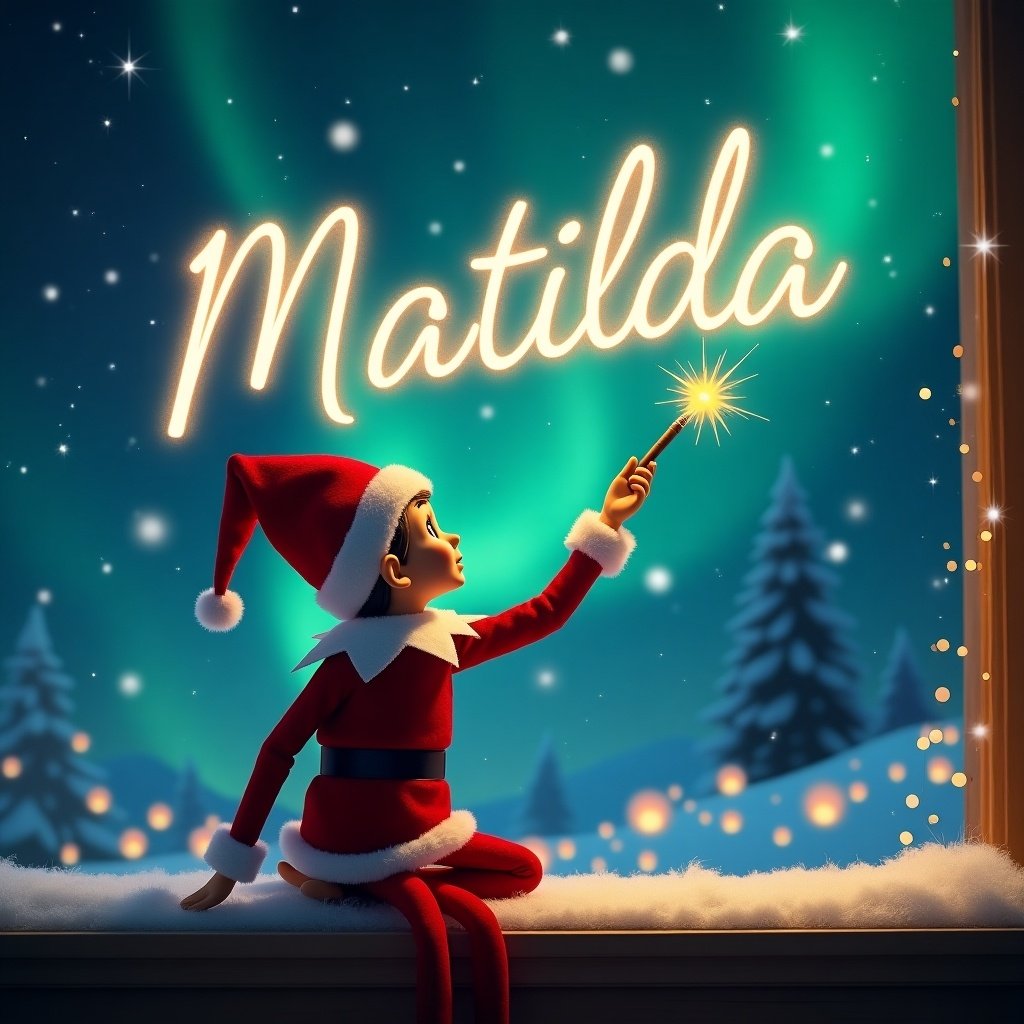 The image features an elf on the shelf with its back turned, gazing at the night sky during a magical Christmas scene. The elf is elegantly using a wand to write the name 'Matilda' in sparkling letters against the backdrop of vibrant northern lights. Surrounding the elf are soft falling snowflakes, and evergreen trees can be seen in the background. The overall atmosphere is festive and enchanting, capturing the spirit of the Christmas season. This illustration beautifully combines elements of fantasy and holiday cheer.