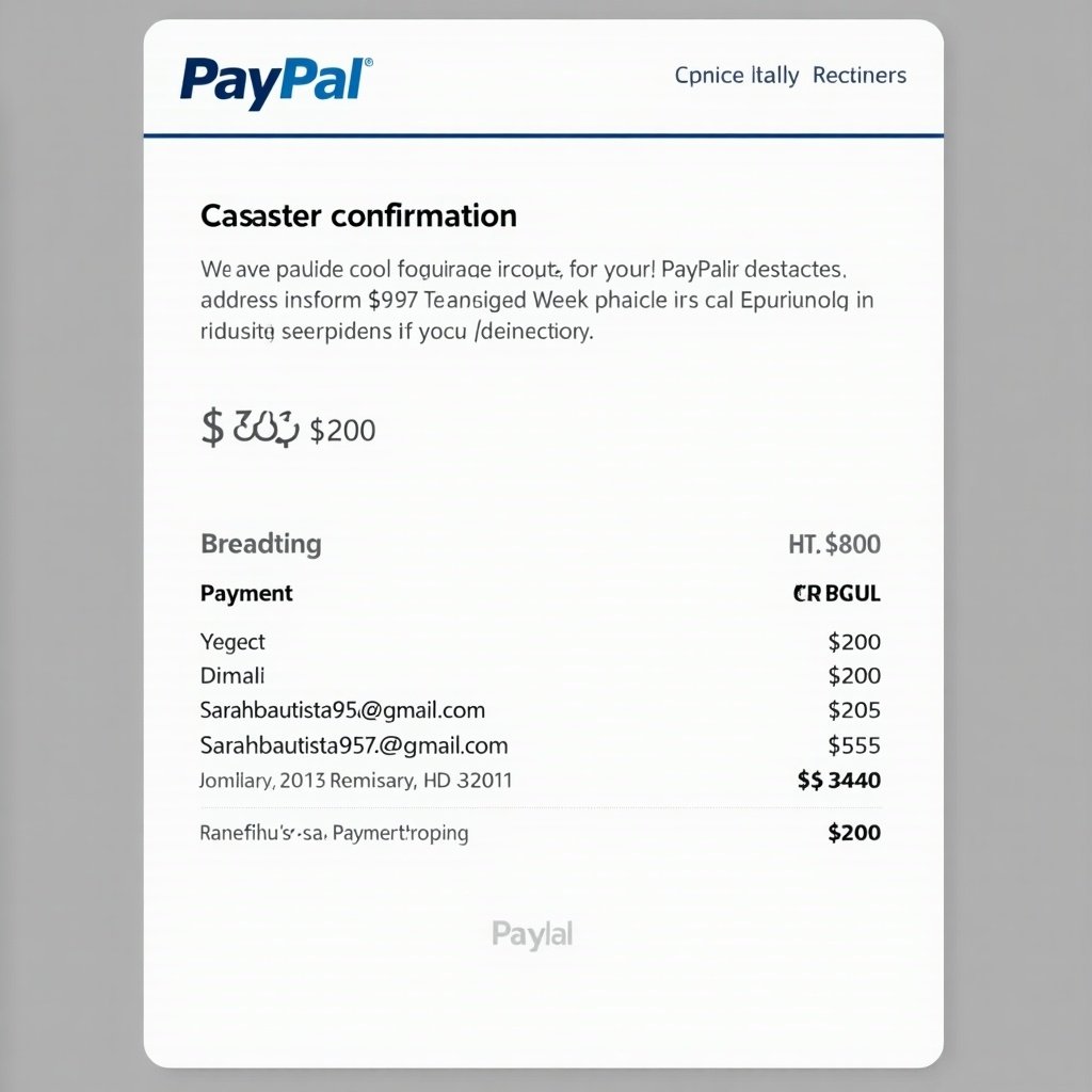 This image depicts a PayPal payment receipt showing a confirmation of a payment. It details a transaction of $200 to a specified email address. The layout includes various elements typical of online payment receipts. The color scheme primarily features blue and white, which are associated with the PayPal brand. The receipt serves as proof of payment for potential future reference.