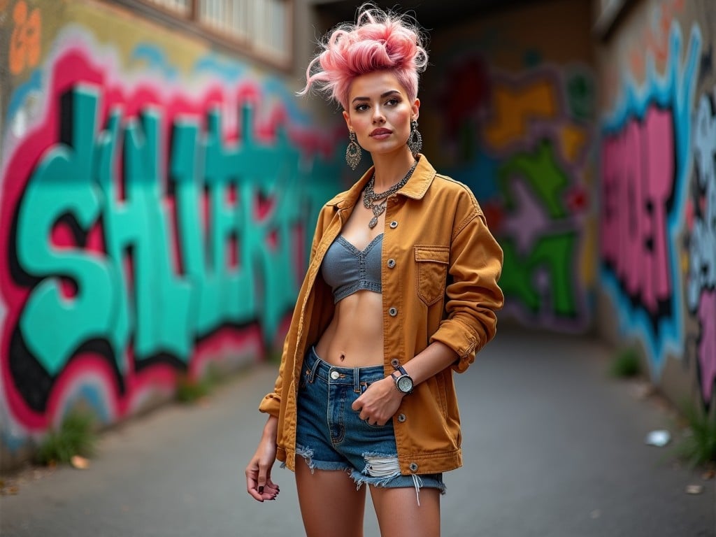 This image captures a young person standing confidently in a graffiti-lined alley. They sport a stylish, laid-back look with a mustard jacket, distressed denim shorts, and bright pink hair. The graffiti adds a vibrant, urban backdrop, contributing to a bold and expressive atmosphere.