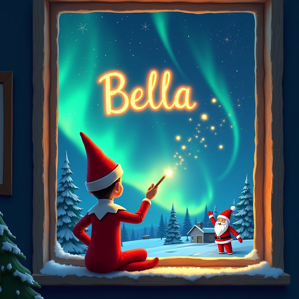 This image features a whimsical depiction of an elf on the shelf sitting by a window. The elf is dressed in a bright red costume and facing away from the viewer. With a wand, the elf writes in the night sky. Outside the window, stunning northern lights illuminate the scene, creating a magical atmosphere. In the distance, Santa Claus can be seen, further enhancing the festive mood. The name 'Bella' sparkles in the sky, embodying the spirit of Christmas wonder.