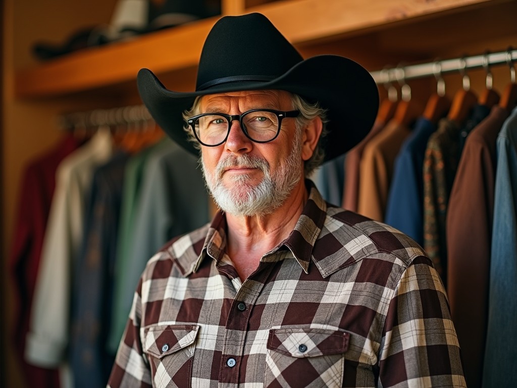 A rugged man wearing a black cowboy hat and glasses stands confidently on a ranch. He sports a plaid shirt, giving off a strong, Western vibe. The background hints at ranch life with a closet containing some casual clothing. The atmosphere is relaxed yet adventurous, with the warmth of indoor lighting contrasting against the ranch's outdoor spirit. Imagining Chuck Norris joining him on this ranch adds a layer of toughness and charisma to the scene. Together, they embody the essence of cowboy culture and the spirit of the wild west.