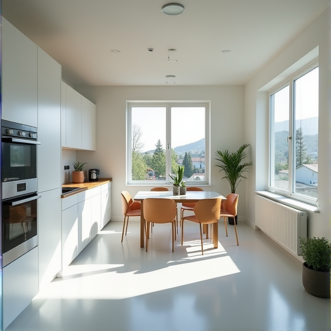 A bright, modern kitchen with large windows and a stylish dining area with orange chairs.