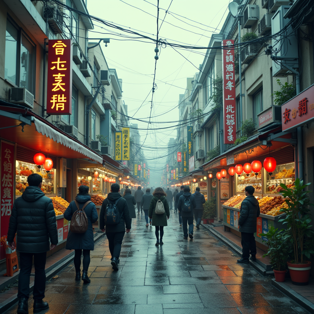 People walk through a bustling market street lined with illuminated stalls and signs, under a misty sky.