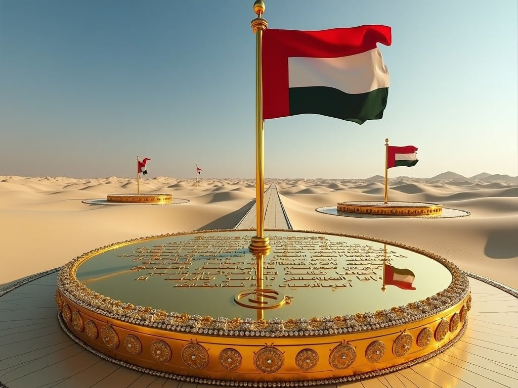 The image features a striking desert landscape with golden circular platforms at its center. Each platform showcases a flag, one having a gold and deep red design, and another featuring a green design typical of national flags. Surrounding the platforms are elaborate inscriptions that signify cultural importance. The bright sunlight casts a warm glow over the entire scene, emphasizing the intricate details of the platforms and flags. The background reveals endless sand dunes, capturing the vastness and beauty of the desert environment.