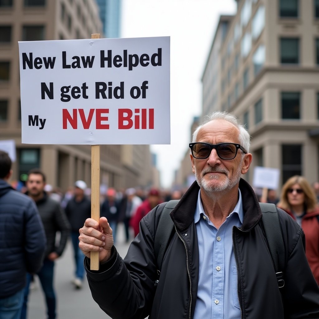 An elderly man stands in a crowd during a protest, holding a sign that reads 'New Law Helped Me Get Rid of My NVE Bill'. He is wearing sunglasses and has a thoughtful expression. The urban backdrop suggests a city environment. People can be seen participating in the demonstration behind him. The scene captures a moment of advocacy for change and personal empowerment. The sign reflects a significant concern that resonates with many people.