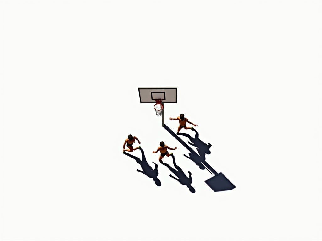 The image features four basketball players on a plain white background. They are clustered around a basketball hoop, with one player shooting the ball. The view is slightly elevated, offering an almost aerial perspective. The players and the hoop cast defined black shadows toward the bottom right of the image. The scene captures the essence of teamwork and athleticism in sport.