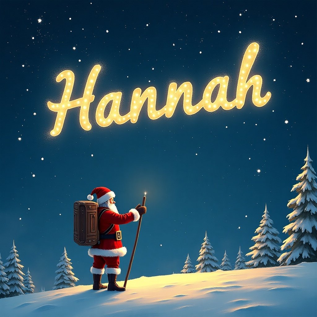 A cheerful Santa Claus is seen amidst a winter wonderland, dressed in his classic red and white outfit. He stands on a snowy hill, holding a wand, and is depicted writing the name 'Hannah' in the night sky. The letters are illuminated, radiating a warm glow against the dark blue backdrop filled with stars. Surrounding him are tall, snow-covered pine trees, enhancing the magical atmosphere. This whimsical scene captures the joy and spirit of Christmas celebrations, appealing to viewers of all ages.