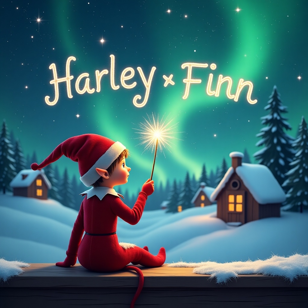 An elf sits on a wooden ledge with its back turned, gazing at a magical sky. The elf is dressed in a red outfit and pointed hat, holding a sparkling wand. With the wand, the elf writes the names 'Harley' and 'Finn' in the starry sky. The background features a charming snowy landscape with small houses and evergreen trees below shimmering Northern Lights. This whimsical scene embodies the essence of childhood magic and the spirit of Christmas cheer.