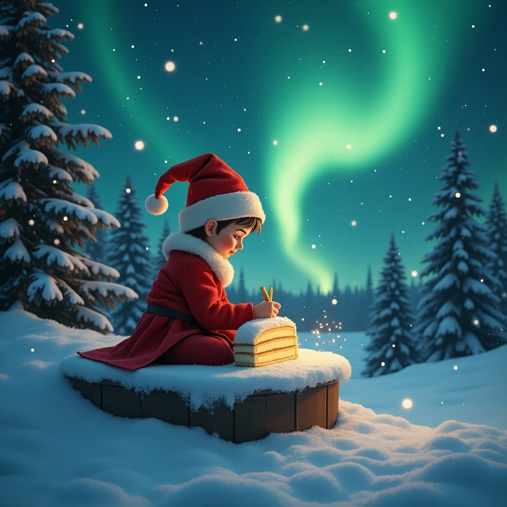 This enchanting scene showcases a young child dressed as Santa Claus, seated on a small platform amidst a snowy landscape. The child is focused on writing in the snow, with the words 'Moon Pie' delicately formed. Above them, the northern lights illuminate the night sky, casting a magical glow over the serene winter setting. Tall pine trees, covered in snow, frame the background, enhancing the festive atmosphere. Soft snowflakes gently fall, adding to the enchanting winter wonderland feel.