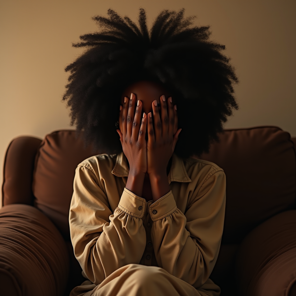 A person with voluminous curly hair sits on a soft chair, hiding their face with both hands, creating a sense of introspection and mystery.