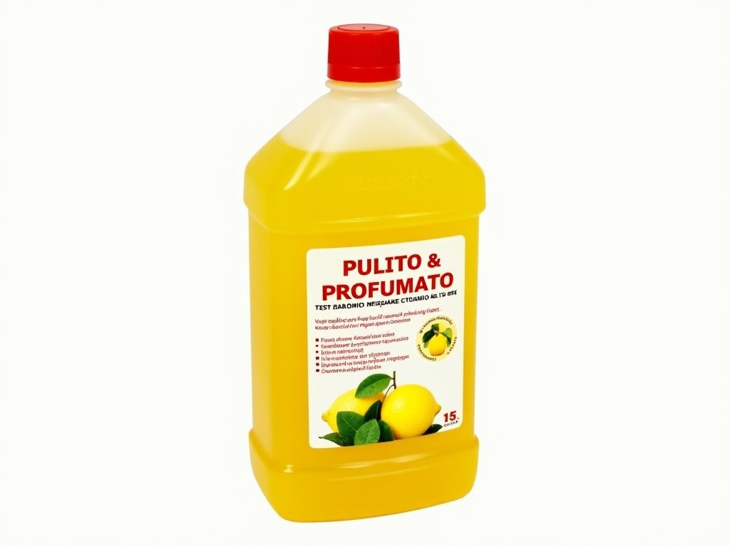 a plastic bottle of scented cleaning product with lemon imagery and Italian text on the label, isolated on a white background