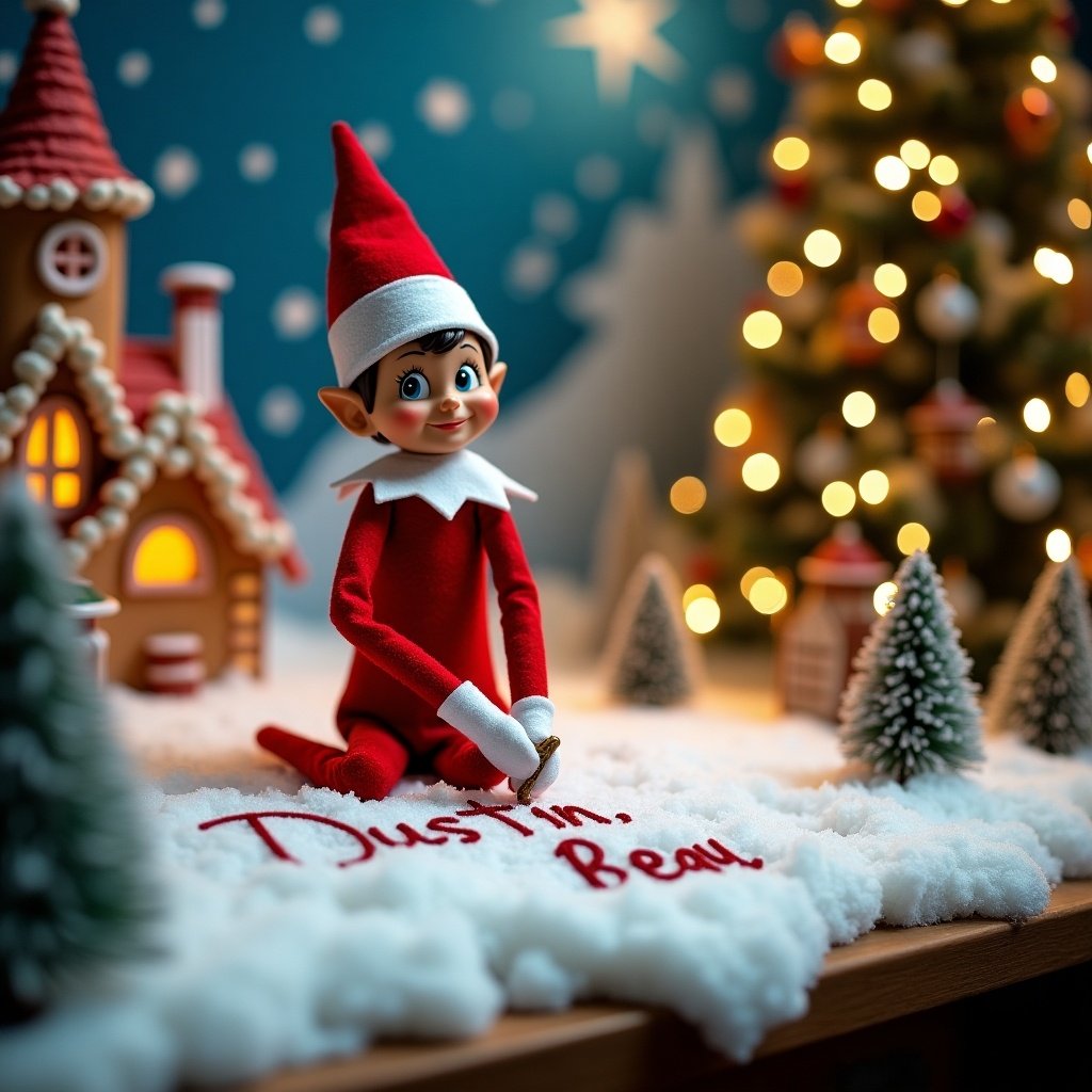 An enchanting Christmas scene featuring an elf on the shelf. The elf is facing the viewer, dressed in red and white. He wields a stick, writing 'Dustin' and 'Beau' in the snow. Behind him, Santa's village is adorned with snow, creating a magical ambiance. The scene is filled with festive spirit, bringing in the joy of the holiday season. The elf's position and action evoke a sense of wonder and excitement as he engages with the audience.