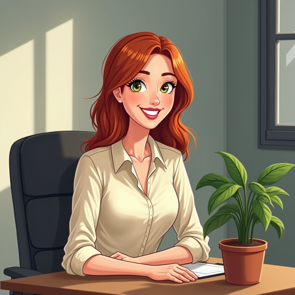 A cheerful woman with red hair smiles while sitting at a desk next to a plant in a sunny office.