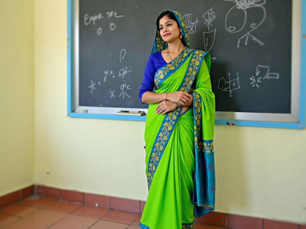 The image shows a person standing in a classroom in front of a chalkboard. They are wearing a vibrant green sari with blue detailing, complementing the traditional attire with a blue top beneath. The individual also has a stylish scarf wrapped around their head, enhancing their appearance. The chalkboard behind has some drawings and notes, suggesting it is a teaching environment. The flooring is tiled, adding to the classroom aesthetic. The overall ambiance is bright and welcoming, indicative of an educational setting.