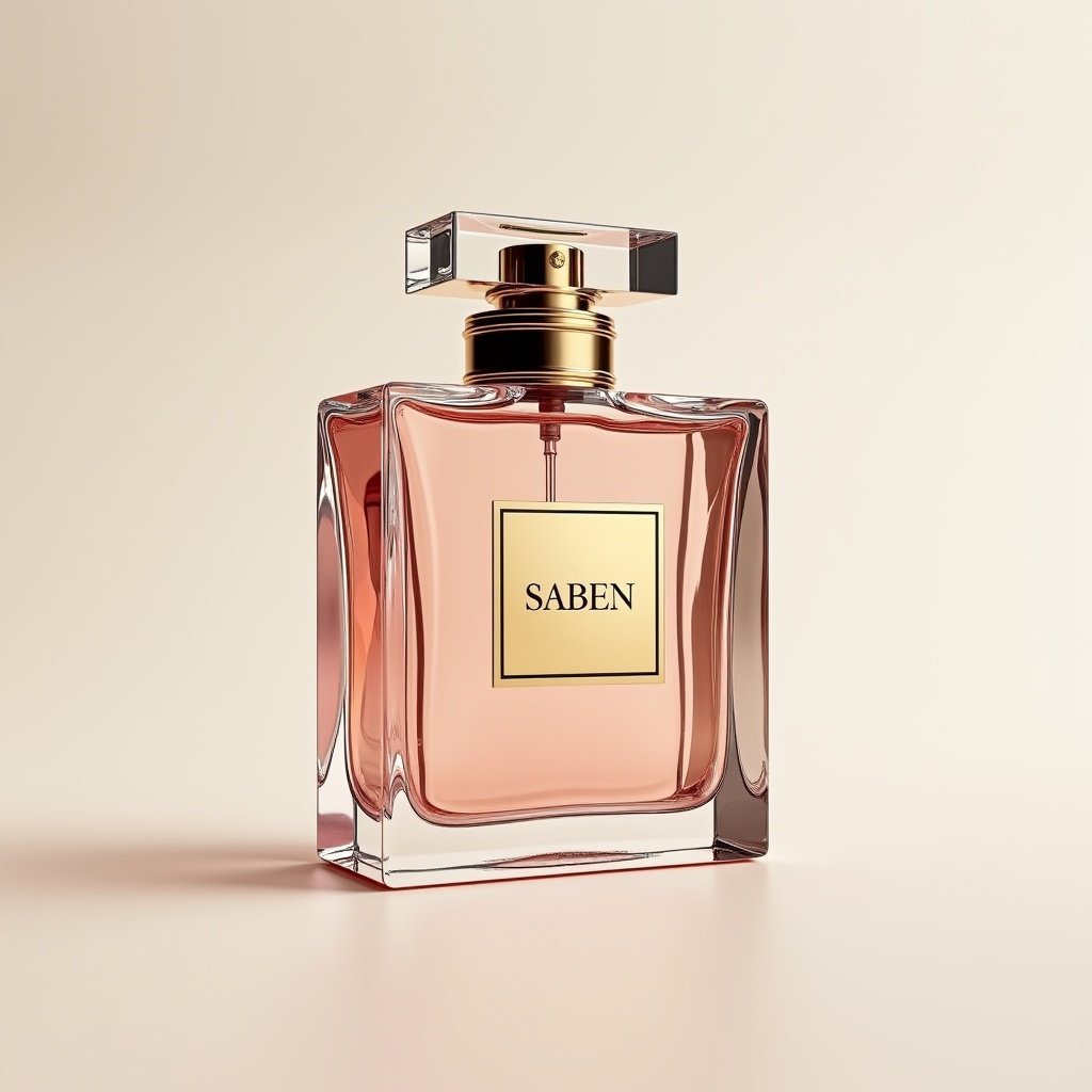 This image depicts an elegant perfume bottle, designed to showcase the exquisite fragrance brand 'SABEN'. The bottle features a classic shape with a luxurious glass transparency, allowing the beautiful rose-colored liquid inside to be visible. It has a decorative gold cap which adds a touch of sophistication. The label is prominently displayed in the center, highlighting the brand name. Soft lighting enhances the elegance of the bottle, casting gentle reflections on the surface, creating a refined aesthetic perfect for marketing luxury fragrances.