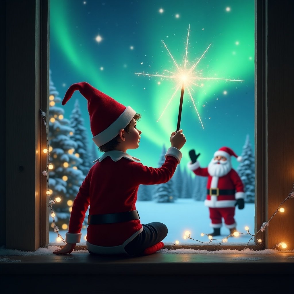 A cozy Christmas scene featuring an elf on the shelf, seen from the back. The elf is facing the night sky, joyfully using a sparkling wand to write 'Wyatt' in the sky. Behind the elf, the landscape is illuminated by vibrant northern lights. In the distance, Santa Claus waves happily. The window is adorned with twinkling lights, adding to the festive ambiance. The overall atmosphere is magical and heartwarming, embodying the spirit of Christmas.