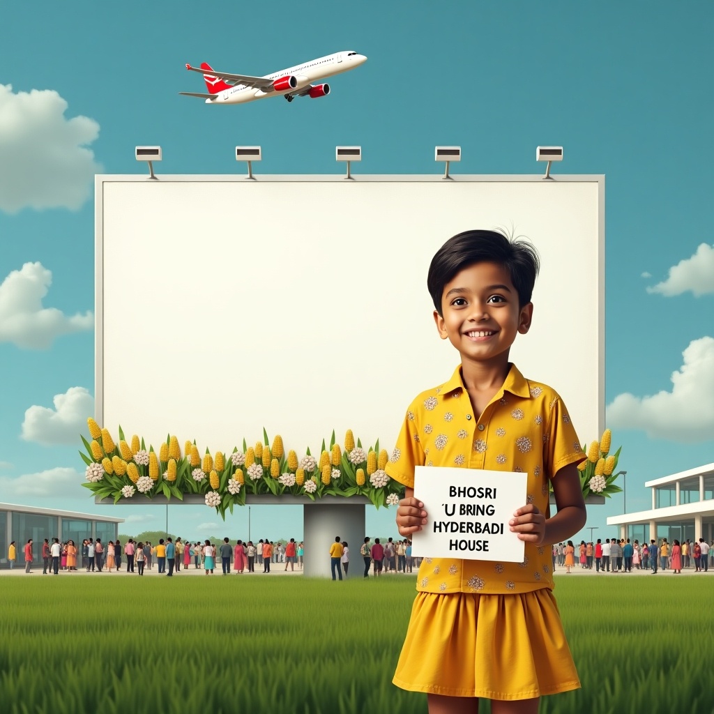 This image showcases a charming scene with a young boy standing in an airport holding a sign. The airplane above hints at travel and adventure. In the background, a large billboard awaits a new ad, embellished with flowers that suggest a connection to nature. Lush green fields spread across the landscape, creating a vibrant and inviting atmosphere. The boy's joyful expression and bright yellow outfit capture attention, adding a playful element to the setting. He eagerly awaits someone special, embodying the excitement of travel and connection.