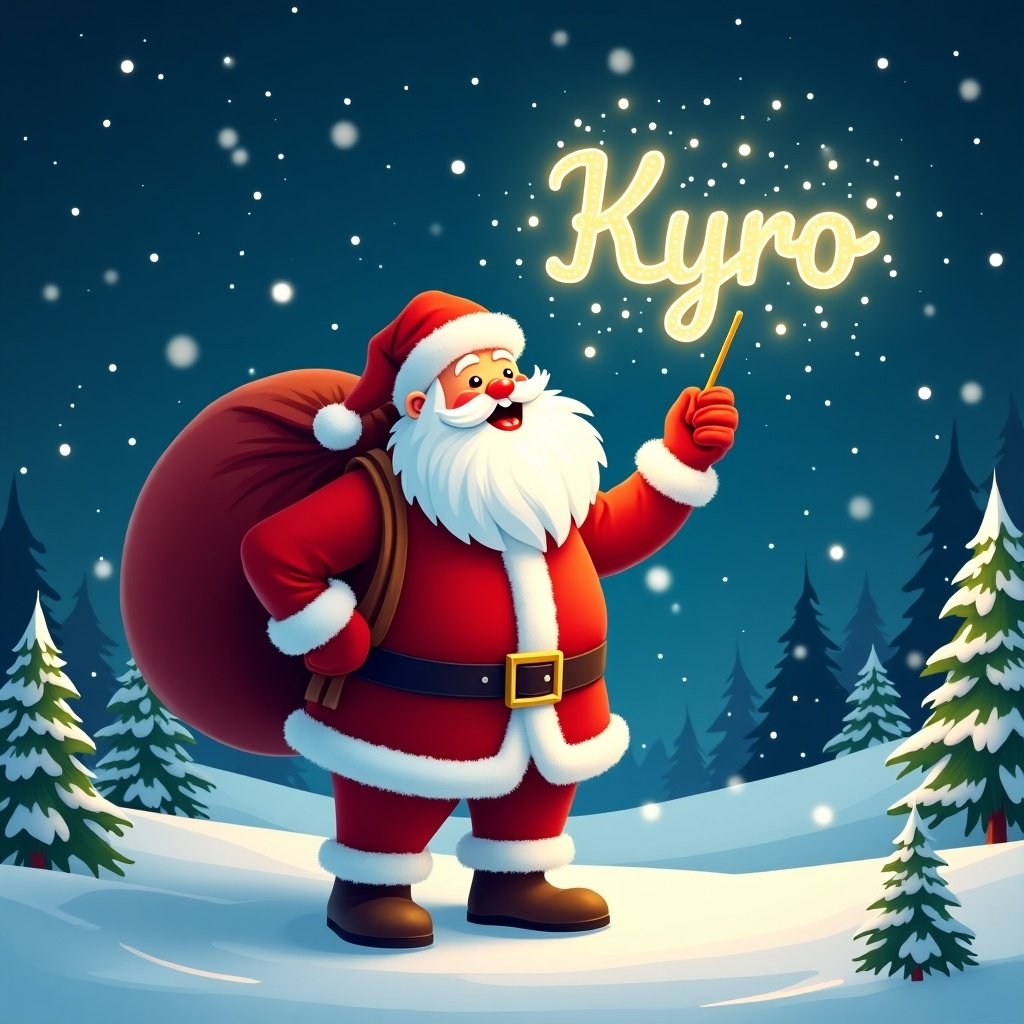 The image features a cheerful Santa Claus in a snowy landscape. He has a large red sack slung over his shoulder. Santa is holding a sparkly wand, dressed in his traditional red and white outfit. The night sky is filled with twinkling stars behind him. He joyfully writes the name ‘Kyro’ in the night sky with magical light, creating a festive ambience.