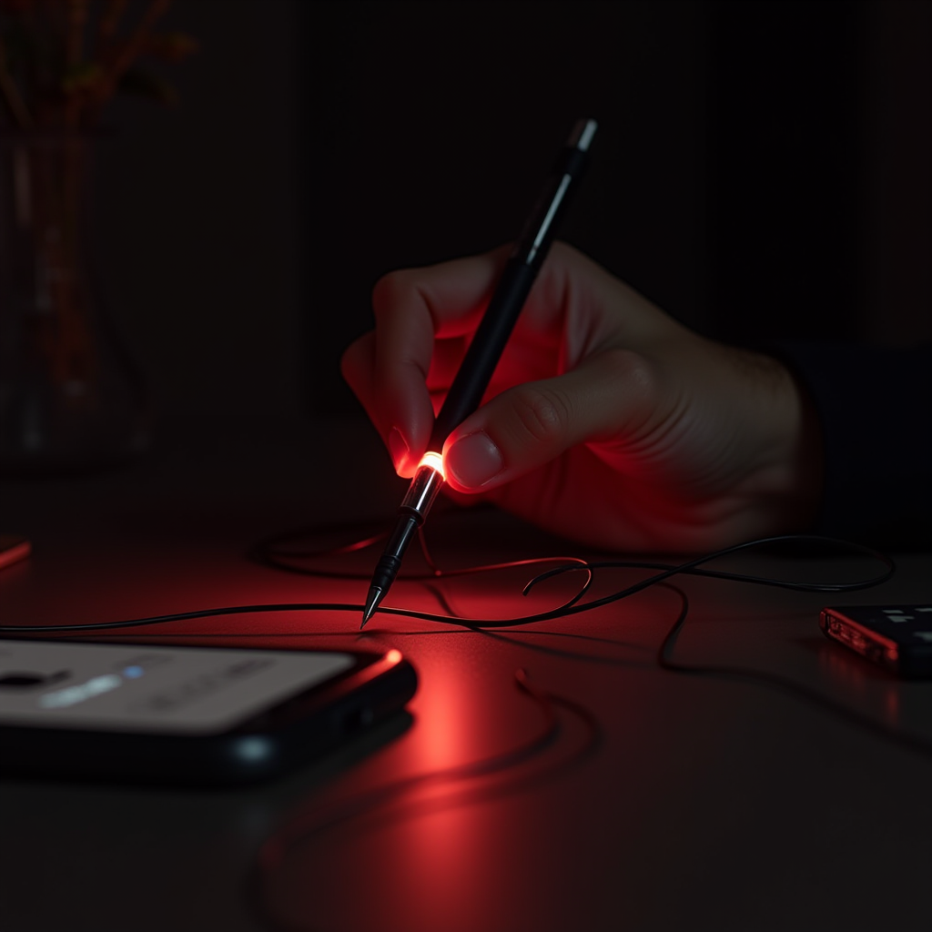 A hand holding a pen that emits a red glow, illuminating a smartphone and cables in a dimly lit setting.