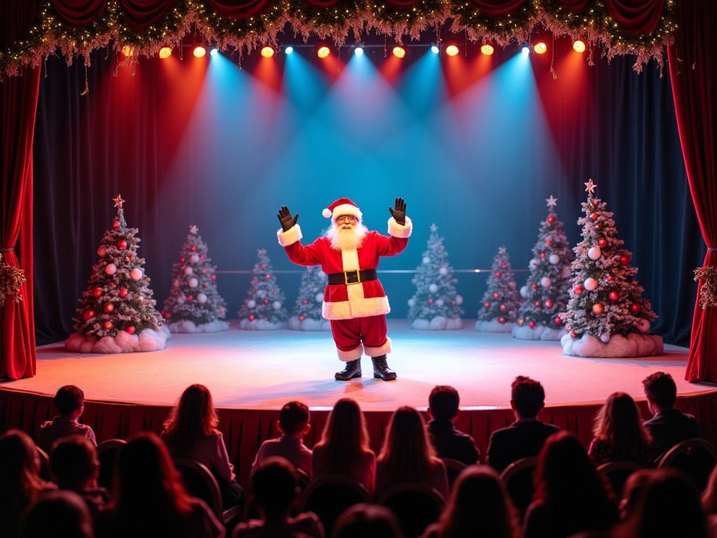 A festive Christmas scene showcasing Santa Claus on a beautifully lit stage. The stage is decorated with Christmas trees and colorful lights, creating a magical atmosphere. In the foreground, an eager audience is seated, fully captivated by the joyful performance. Santa is dressed in his classic red suit, smiling and waving to the crowd. The overall vibe is cheerful and celebratory, perfect for the holiday season.