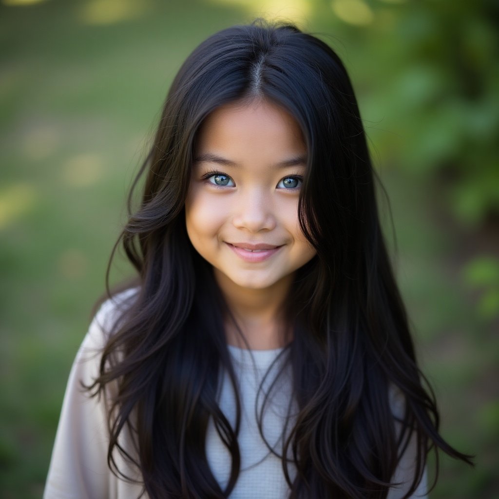 A young girl stands outdoors with a serene expression, looking at the camera. She has long, black hair that cascades down her shoulders. Her striking blue eyes shine brightly, full of life. The background is filled with greenery, enhancing the freshness of the scene. The lighting is soft and natural, adding a warm glow to her features. She wears a simple, light-colored top that complements her youthful charm. This portrait captures the essence of childhood joy in a beautiful setting.