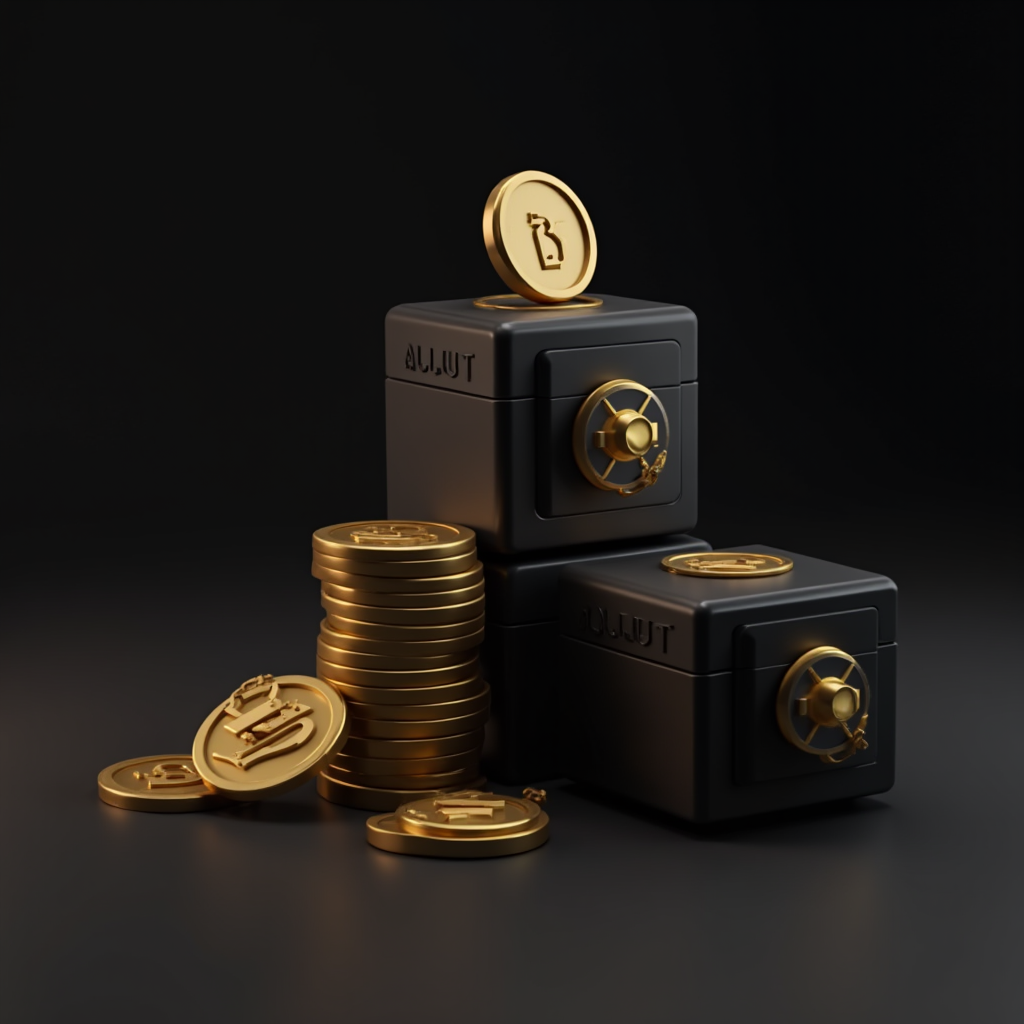 Two secure vaults surrounded by stacks of golden coins on a dark background.