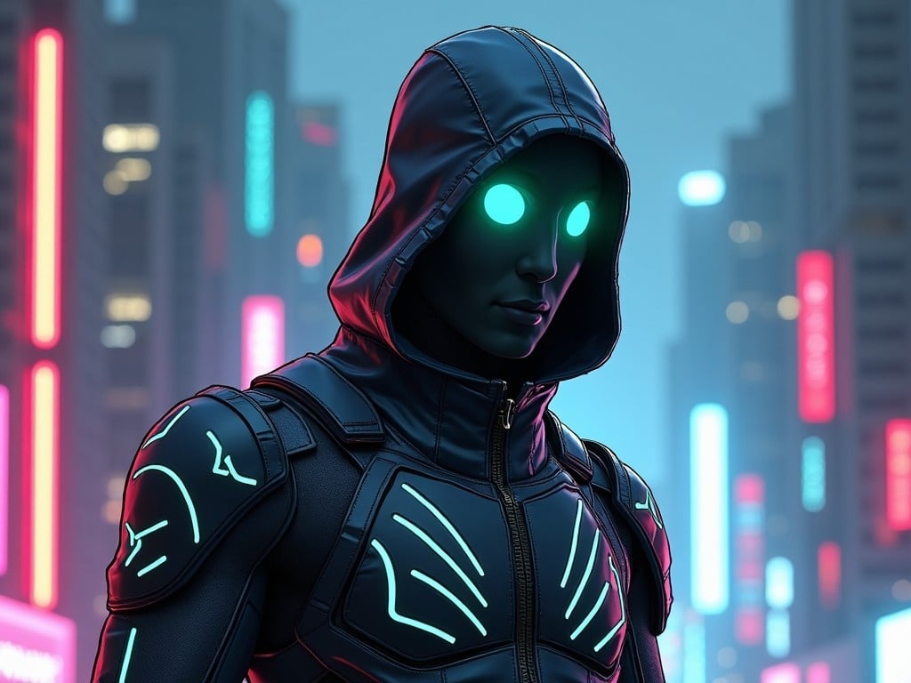 The image features a futuristic character standing in an urban setting. The character is dressed in a sleek black outfit with neon accents. Their glowing eyes stand out prominently. The background is filled with tall buildings illuminated by neon lights. It's a cyberpunk-themed depiction, evoking a high-tech atmosphere.