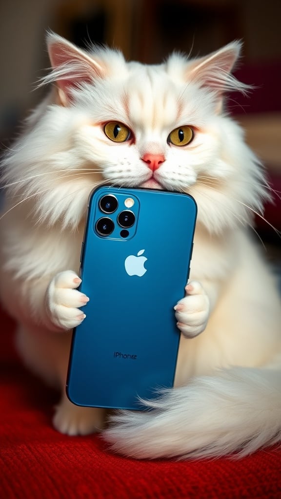 A fluffy white cat amusingly holds a blue smartphone.