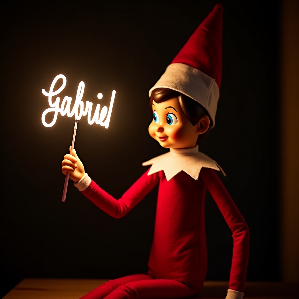 This image features an elf on the shelf character, dressed in traditional red and white attire. The little elf is smiling while holding a glow stick that illuminates the name 'Gabriel' in a cheerful, glowing font. The background is purposely dark to emphasize the glowing effect of the name and create a warm, festive vibe. This scene beautifully captures the spirit of the holiday season, evoking feelings of joy and magic. It's an excellent representation of the cherished Christmas tradition associated with the elf character.