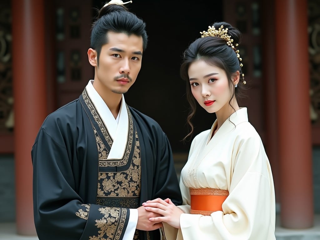 The image features two individuals dressed in traditional East Asian clothing, embodying a historical aesthetic. The male figure wears a dark, ornate robe with intricate designs, complemented by a white sash across his chest. He exhibits a poised expression, suggesting confidence and elegance. The female figure is adorned in a pristine white robe, with a soft orange sash around her waist, and she holds her hands together, projecting grace. Her hair is styled gracefully, embellished with decorative elements. The backdrop hints at an ancient architectural setting, enhancing the overall historical atmosphere of the image.