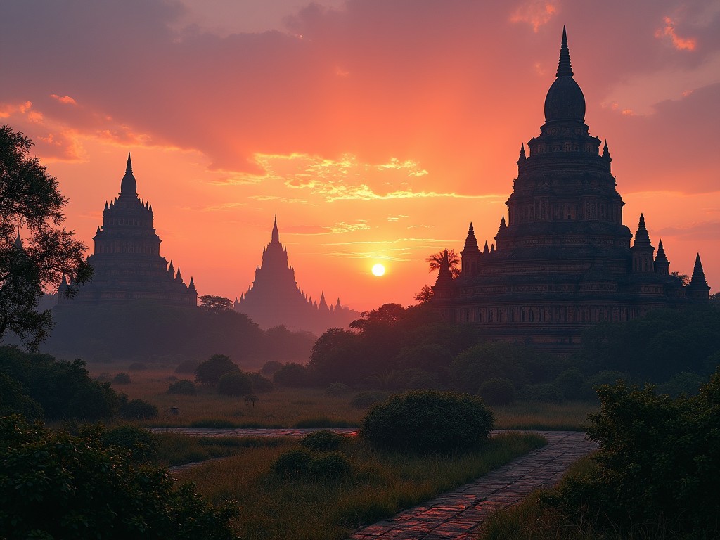 A dramatic shot showing ancient temples silhouetted against a vibrant sunset. The scene features multiple temple structures, including large pagoda-like forms, surrounded by lush greenery. The sky is painted in shades of orange and purple, creating a breathtaking contrast with the dark silhouettes of the temples. A path leads through the landscape, inviting the viewer to explore. This image encapsulates the essence of travel and cultural exploration, evoking feelings of wonder and serenity.