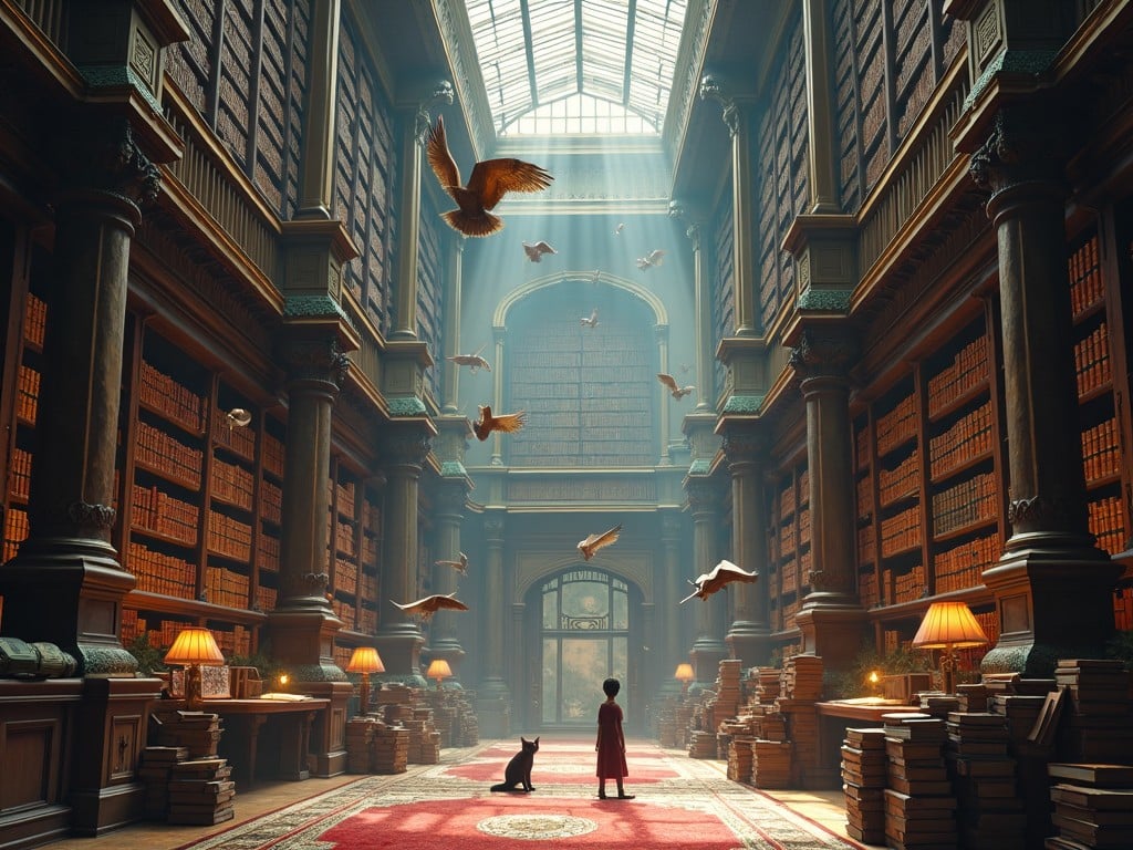 A young child standing in a grand, vintage library with a cat, surrounded by flying books under soft beams of light.