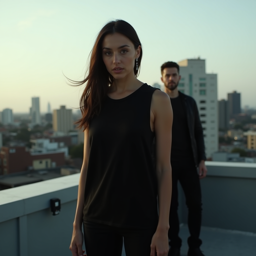 A woman in black stands on a rooftop with a cityscape in the background, as a man stands further behind her.